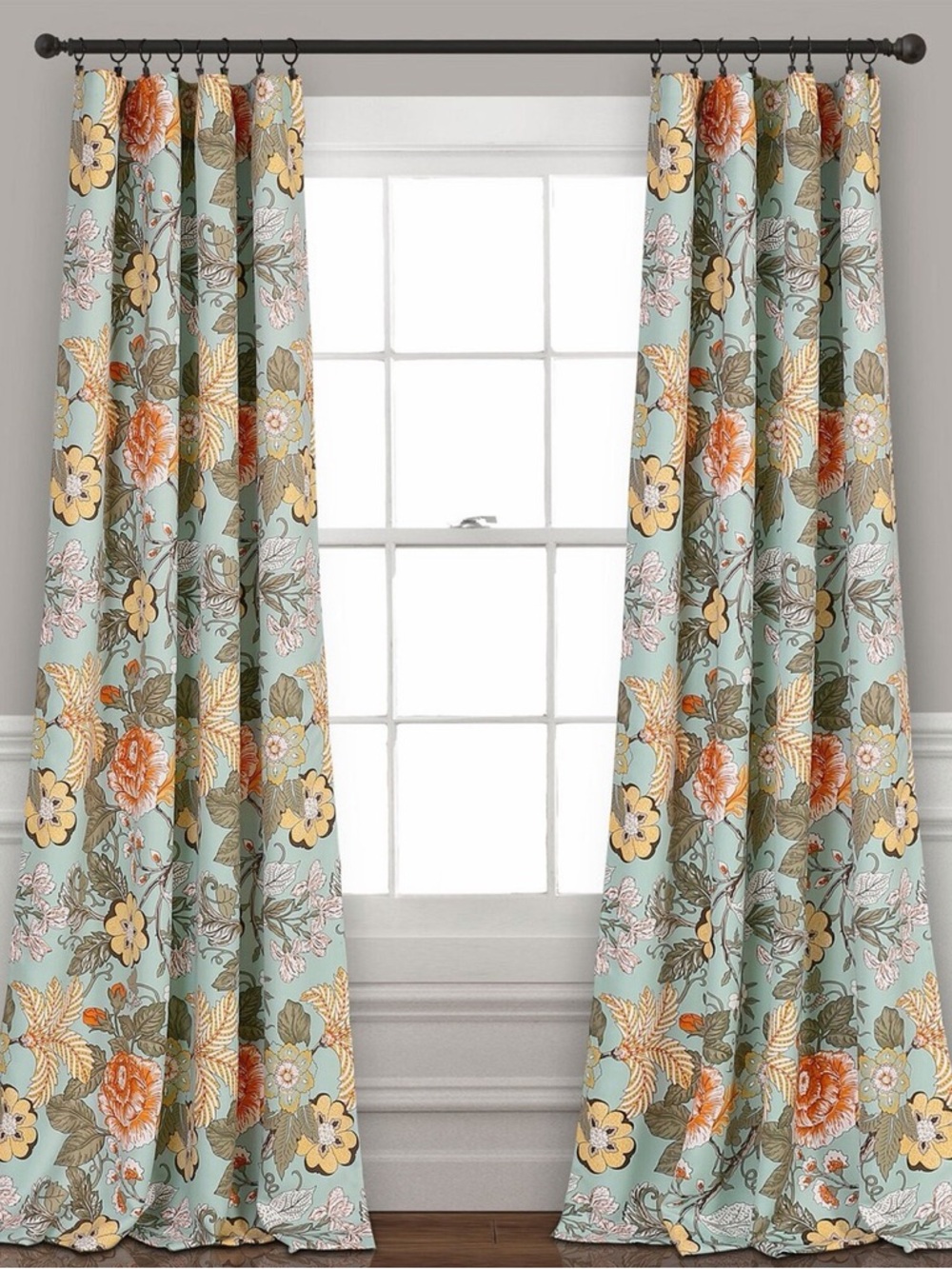 Floral Curtain Panels 52 x 95 in Light Blue with Orange and Yellow Accents